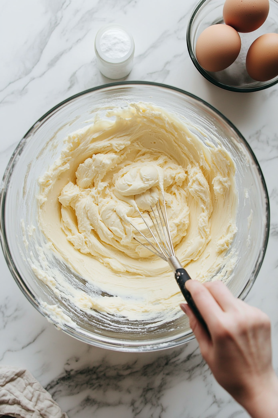 This image shows sour cream, eggs, and pickle juice being mixed into the creamed butter and sugar, creating the tangy and smooth batter for the pickle cake.