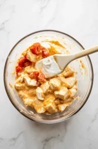 A mixing bowl on the white marble cooktop is filled with diced chicken, 1 cup of sour cream, lime juice, diced tomatoes (14.5 oz), and ½ packet of taco seasoning. A rubber spatula is used to combine the ingredients, emphasizing the creamy consistency of the mixture.