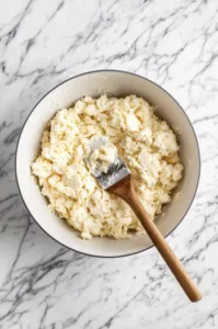 A large mixing bowl on a white marble cooktop containing the cooled sautéed vegetable mixture. Beaten eggs, lump crab meat, flour, and crushed butter crackers are being folded in with a spatula. The scene captures the process of combining the ingredients for the crab cake mixture.