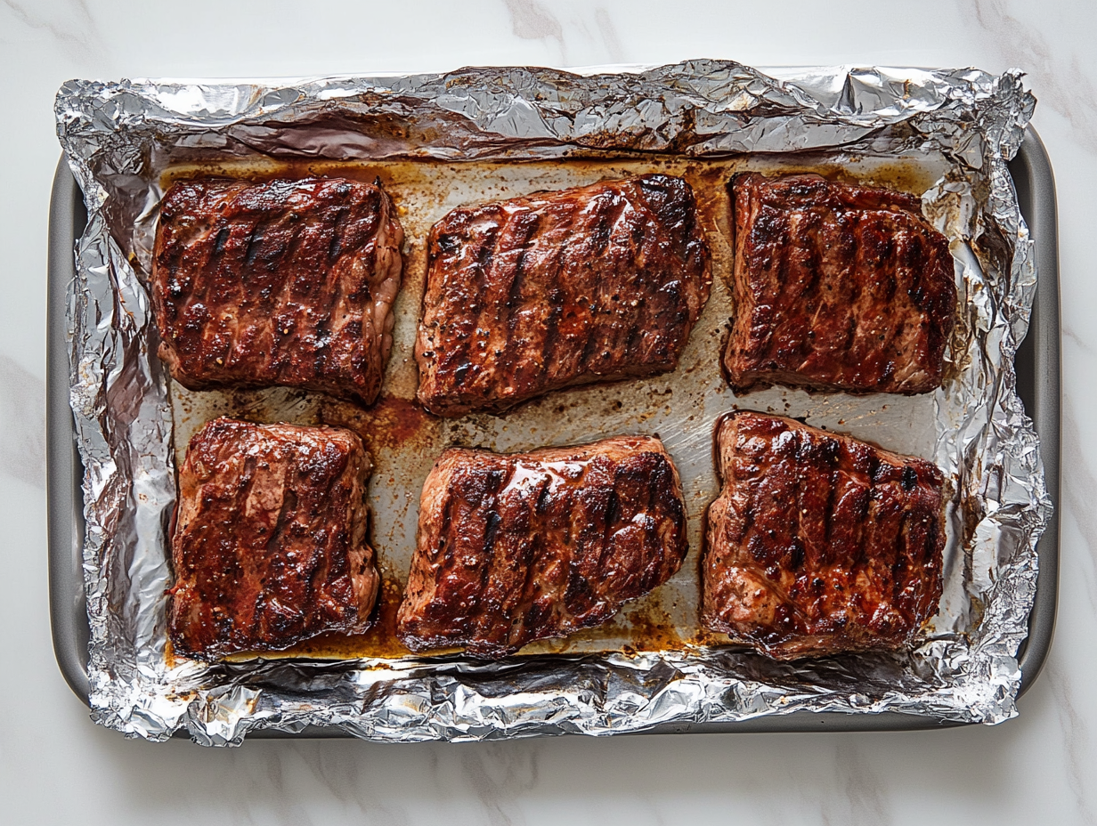 This image shows perfectly grilled black diamond steaks on a platter, glistening with a caramelized crust from the marinade and ready to be enjoyed after resting for optimal tenderness and flavor.