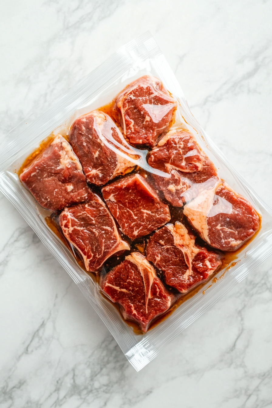 This image shows the scored steaks placed inside a zip-top plastic bag with the marinade, ready to be sealed and refrigerated for 8-10 hours to soak up the delicious flavors.