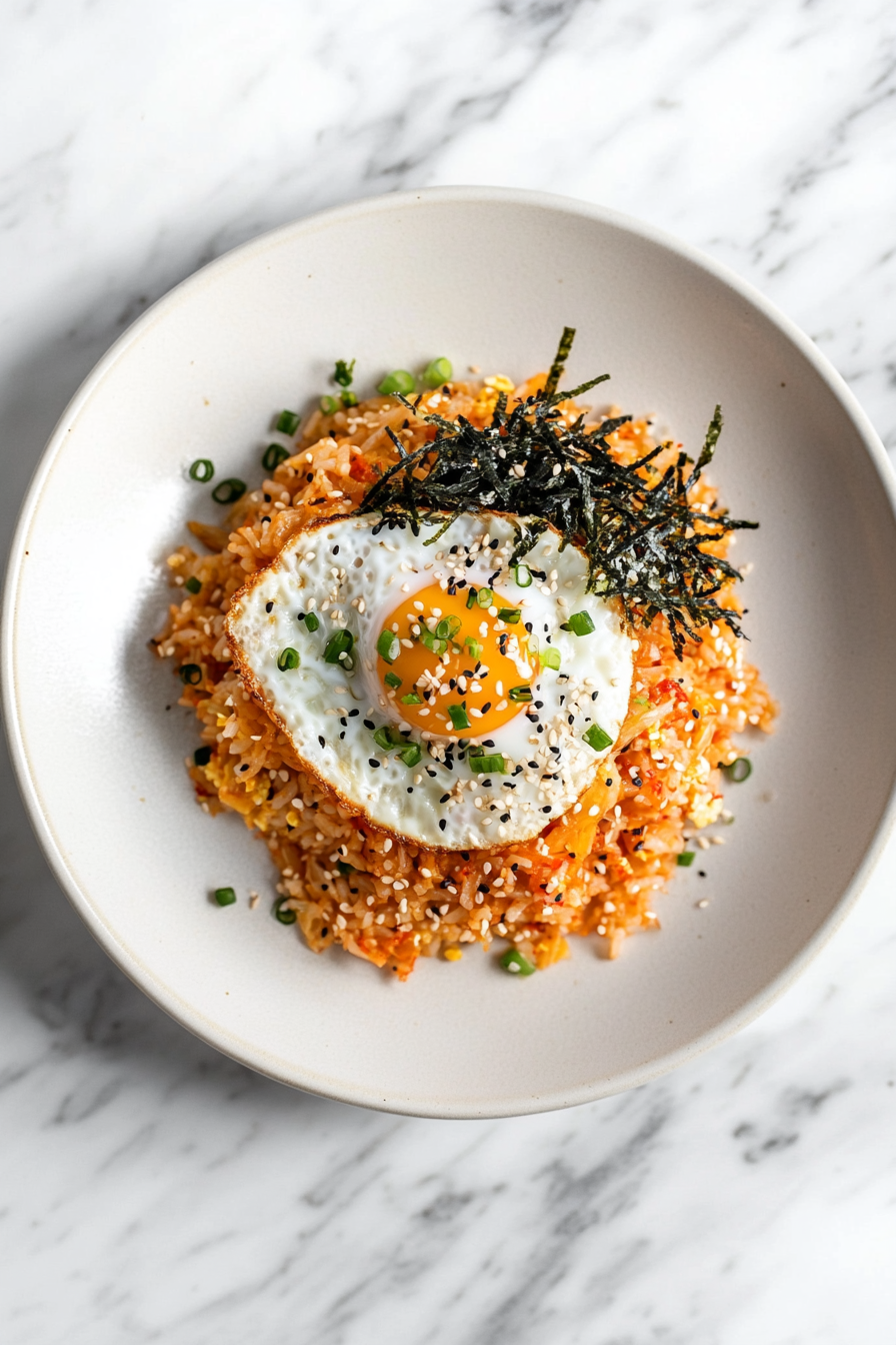 This image shows the final dish of kimchi fried rice served on a plate, beautifully garnished with a sunny-side-up egg, green onions, sesame seeds, and optional roasted seaweed.