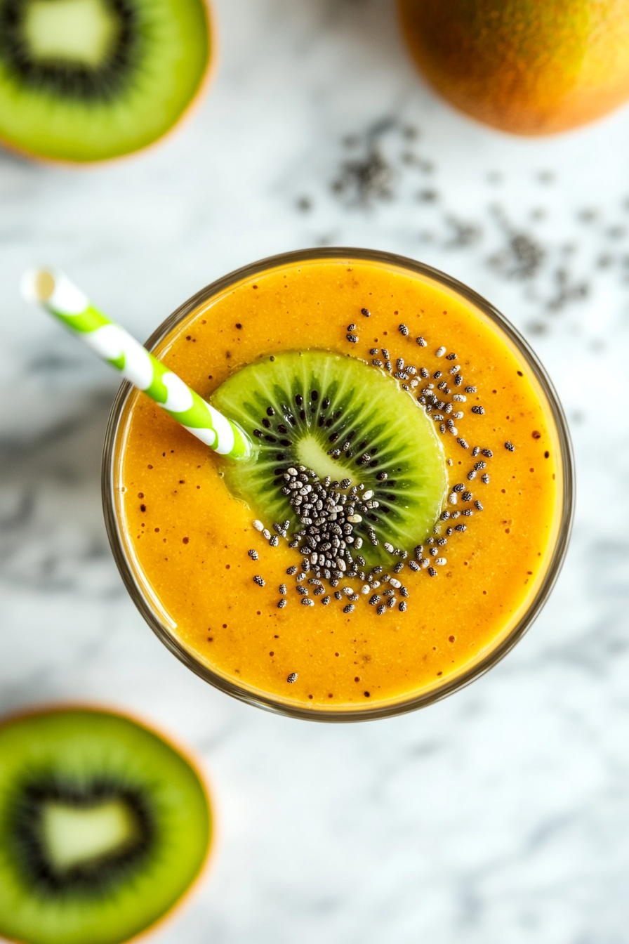 This image shows the Mango Kiwi Smoothie being poured into a glass, ready to serve, highlighting its thick and creamy texture and vibrant tropical colors.