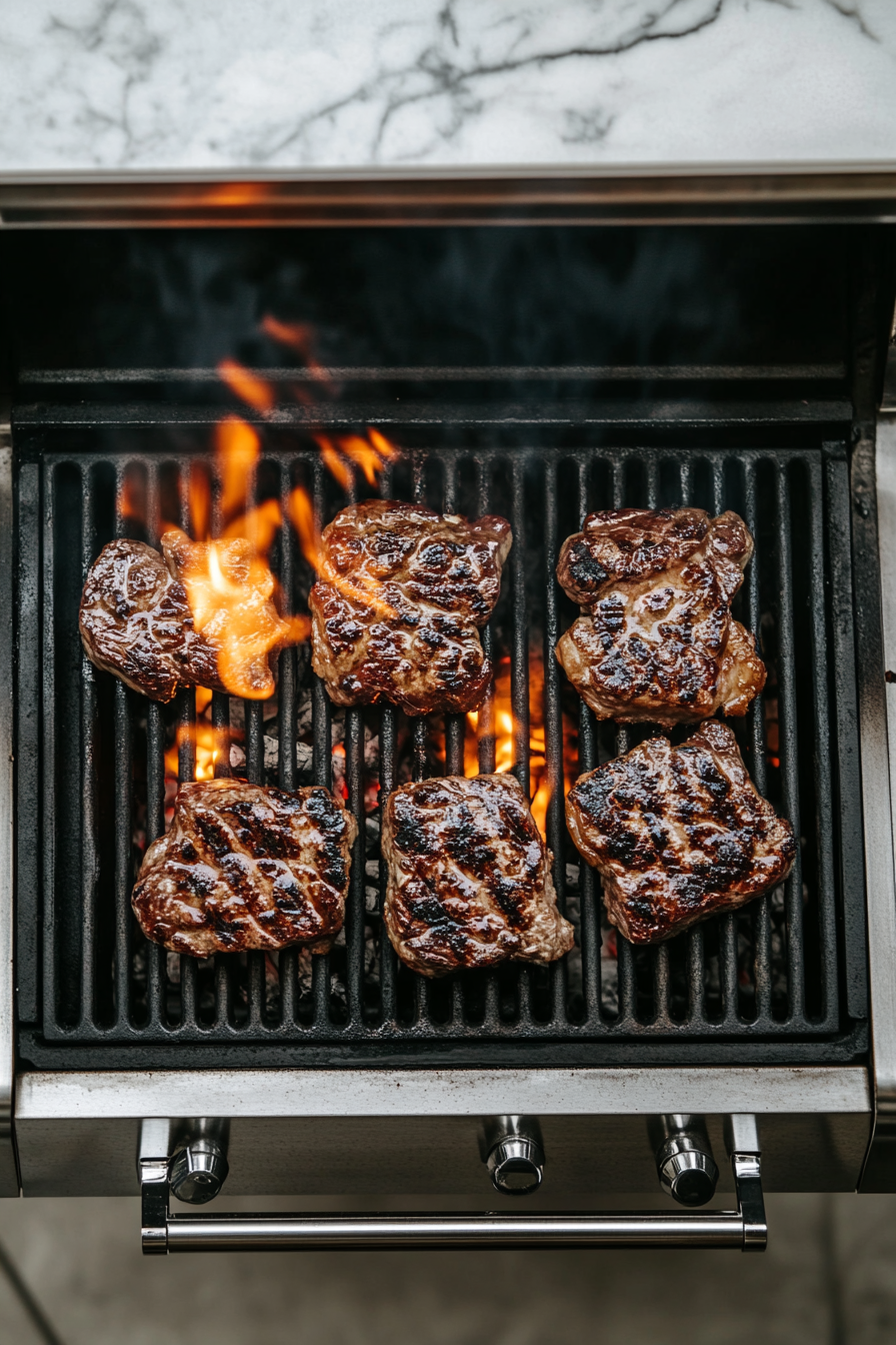 This image shows the grill being preheated to medium-high heat, preparing it for cooking the marinated black diamond steaks to the perfect level of doneness.