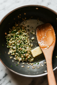 This image shows shallots and garlic being sautéed in a pan with olive oil, creating a flavorful base for the stroganoff sauce.