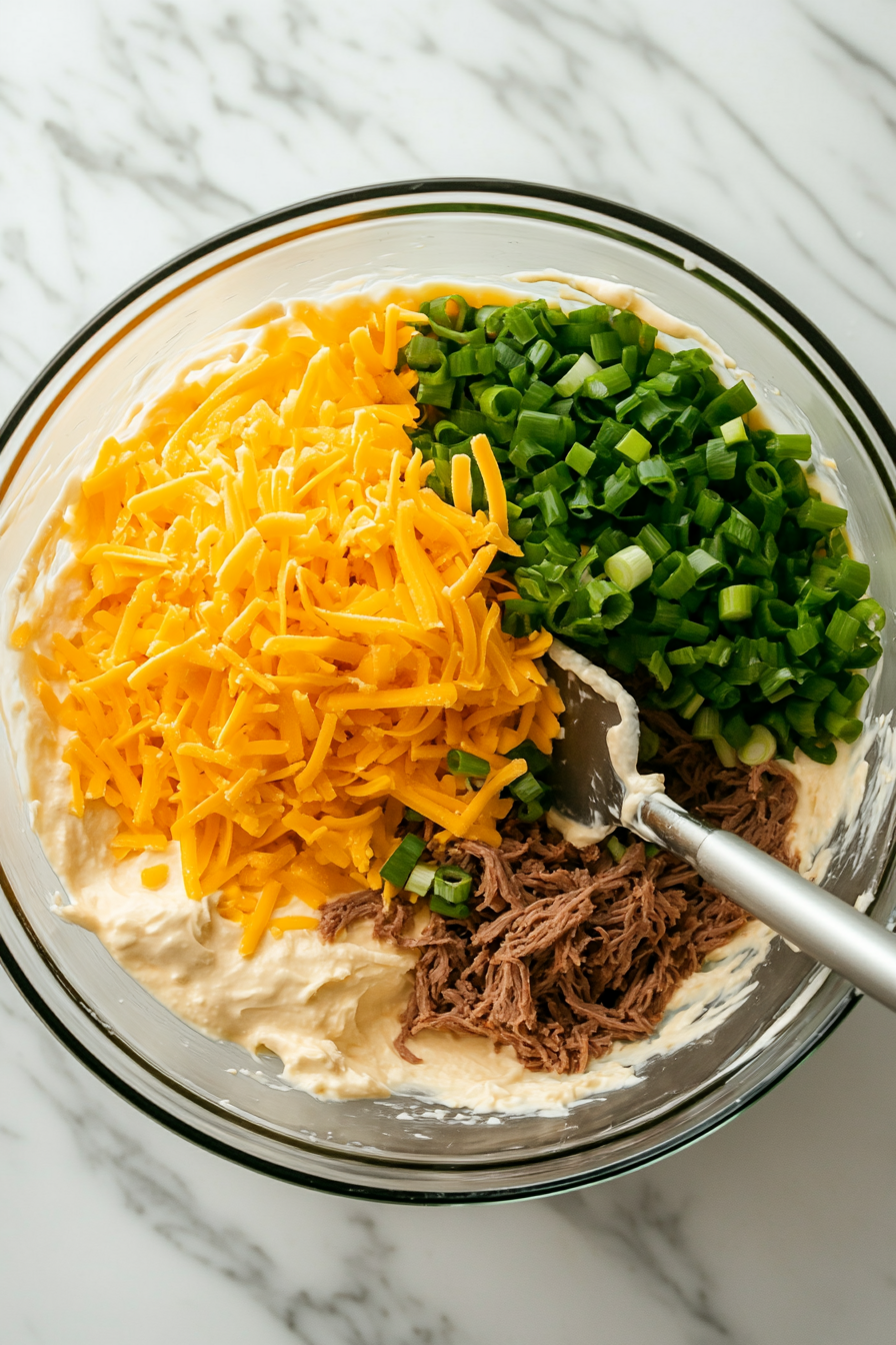 This image shows softened cream cheese along with chopped dried beef and green onions being prepared in a large bowl for the cheese ball mixture.