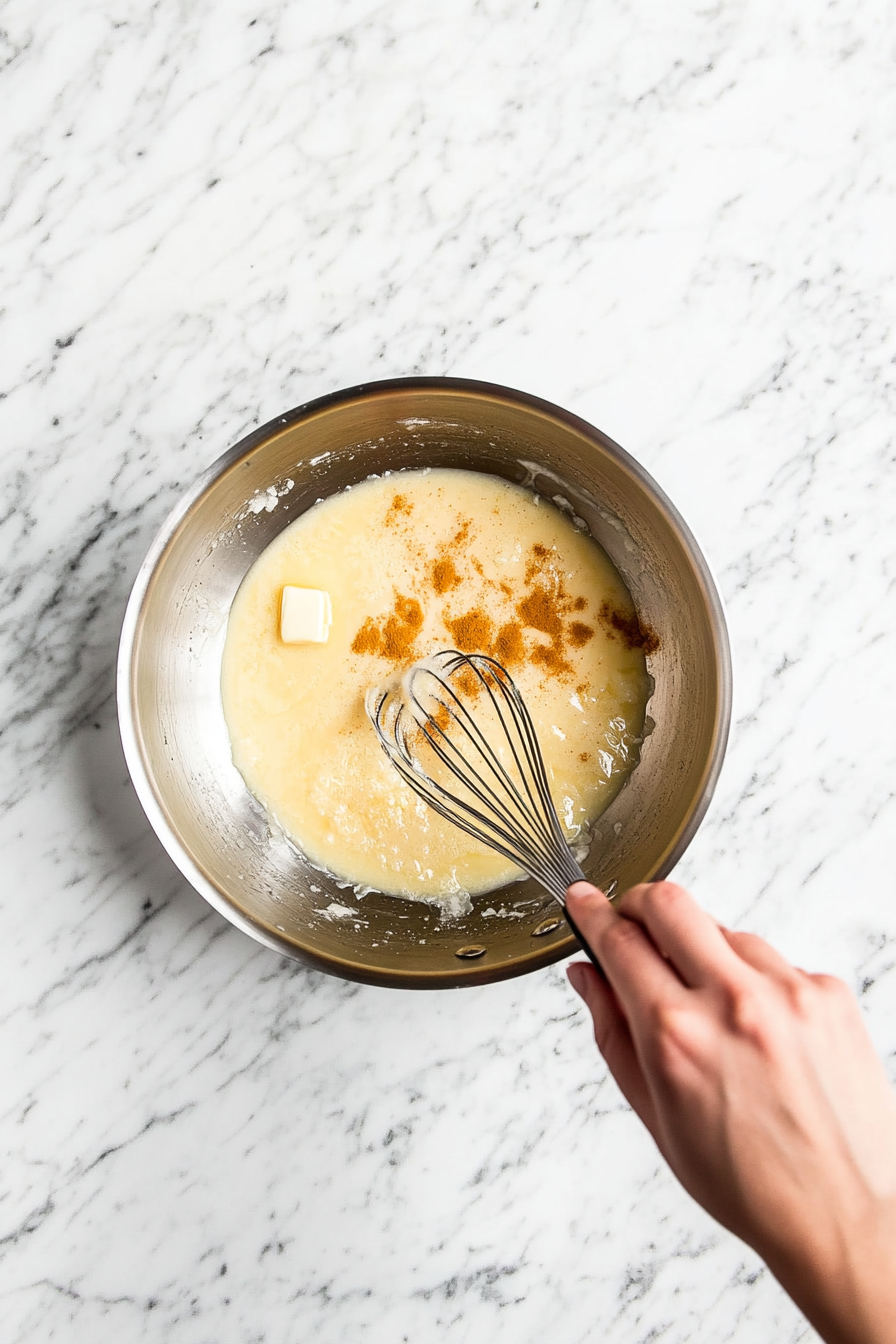 This image shows a saucepan filled with ingredients like honey, apple cider vinegar, chopped apples, and golden raisins, all being stirred to make the sweet and tangy chutney.