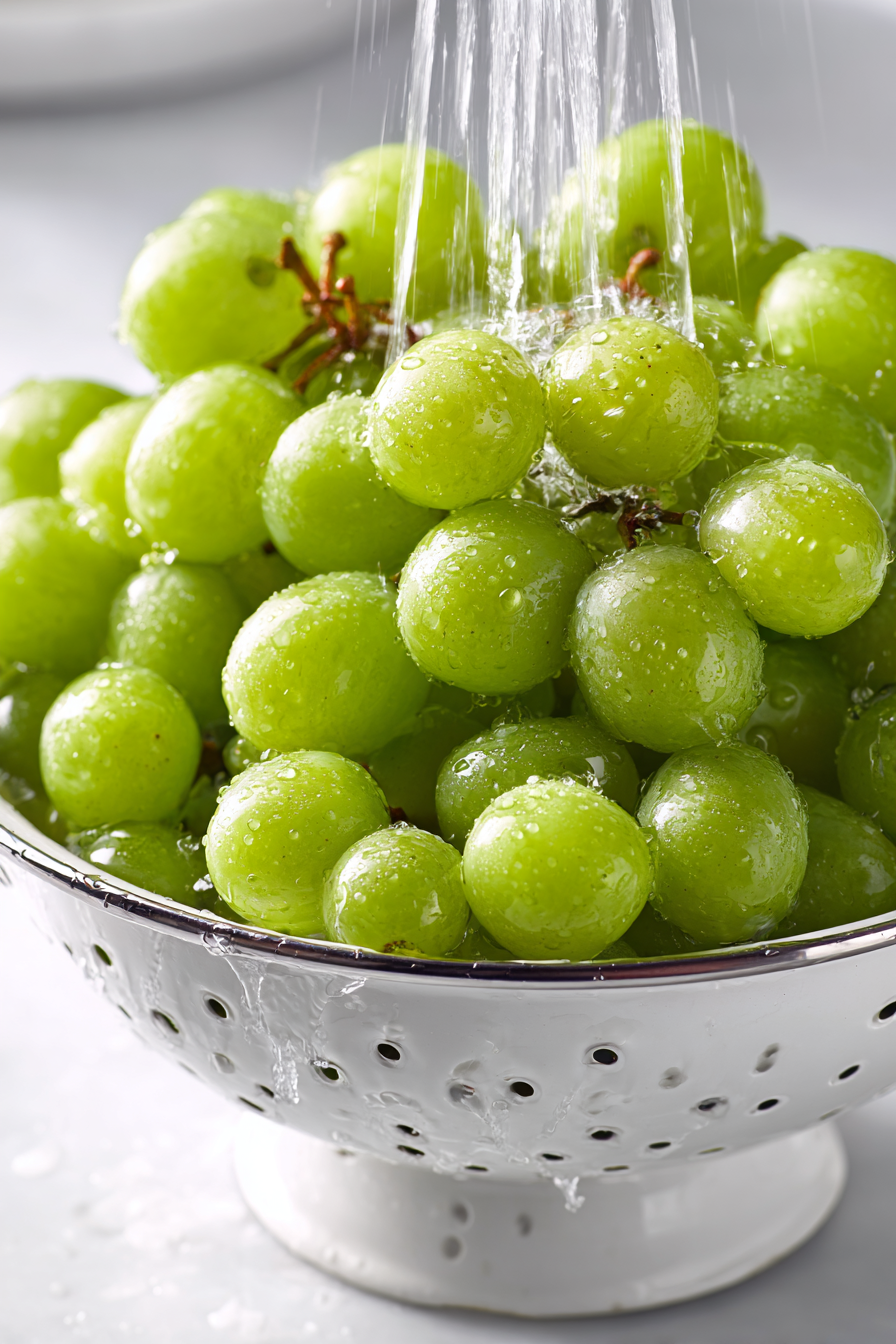 Pull grapes from the vine and rinse them in a colander with cool water.