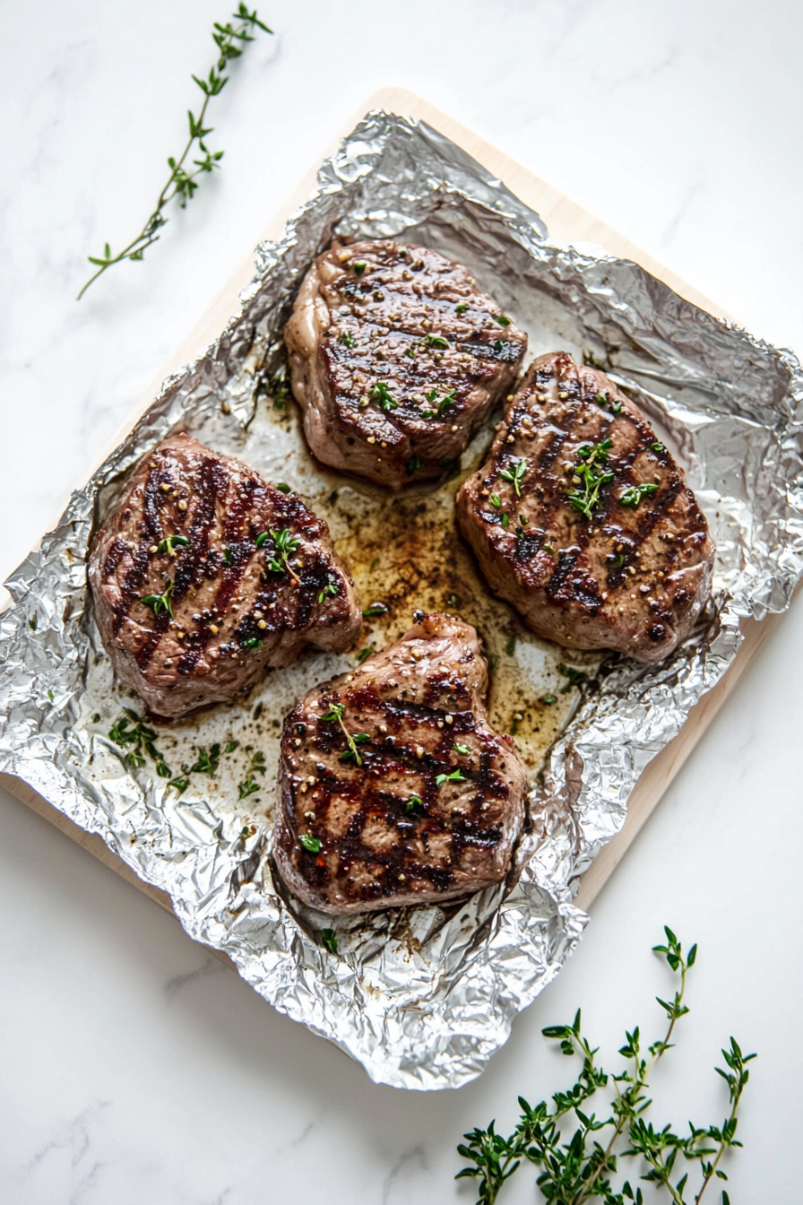 This image shows the grilled black diamond steaks resting under a light foil cover, allowing the juices to redistribute before serving for maximum flavor and tenderness.