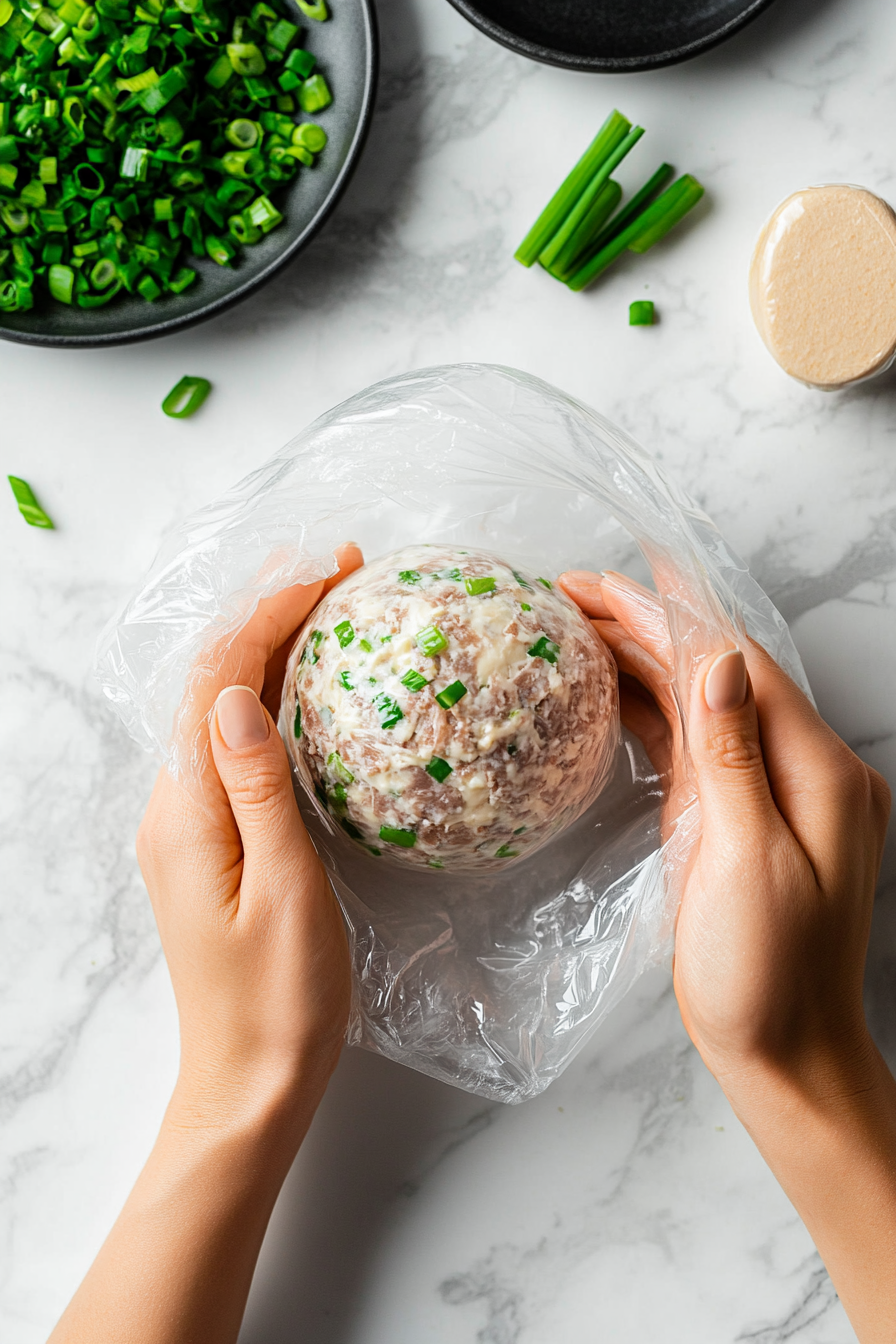 This image shows the chilled cheese ball being rolled in reserved chopped dried beef and green onions, giving it a textured and flavorful coating before serving.