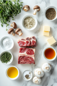 This image shows a cutting board filled with finely minced shallots, garlic, fresh baby portabella mushrooms, and various seasonings being prepared for the prime rib stroganoff.