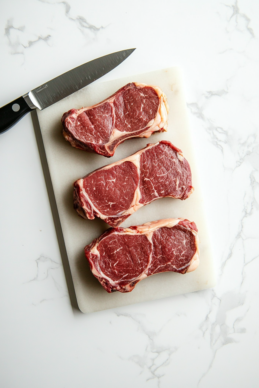 This image shows New York strip steaks being scored on both sides with shallow cuts to allow the marinade to penetrate deeply, enhancing the flavor for the black diamond steak recipe.