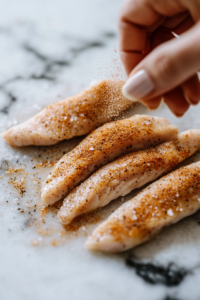 This image shows raw chicken pieces being generously seasoned with a mix of spices and salt in preparation for cooking, ensuring they are flavorful and well-coated.