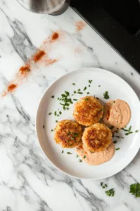 A serving plate on a white marble cooktop holding neatly arranged crab cakes. The dish is drizzled with a sauce made from mayonnaise, Creole seasoning, sweet chili sauce, paprika, and garlic powder or served on the side. The scene captures the inviting presentation of the finished crab cakes