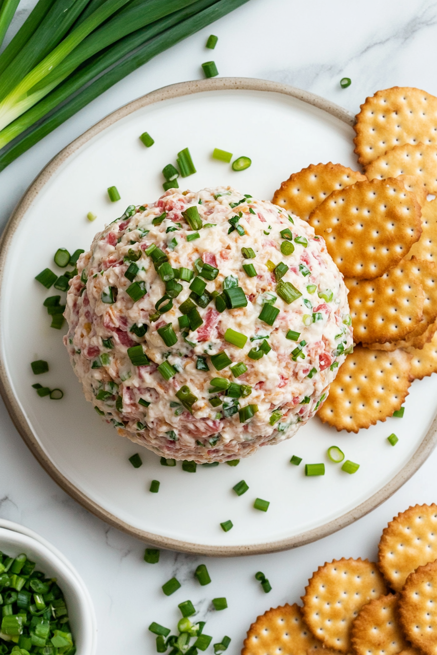 This image shows the fully coated chipped beef cheese ball placed on a serving platter alongside crackers, ready to be enjoyed as a savory appetizer.