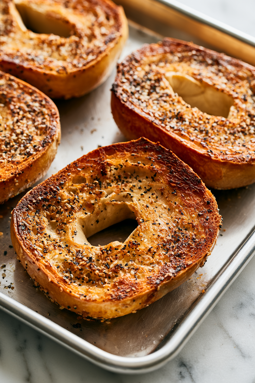 Slice bagels in half horizontally and toast until slightly golden