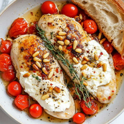 This image shows a beautifully plated dish of Southern salmon patties paired with chicken and sautéed cherry tomatoes, garnished with fresh herbs and ready to be enjoyed.