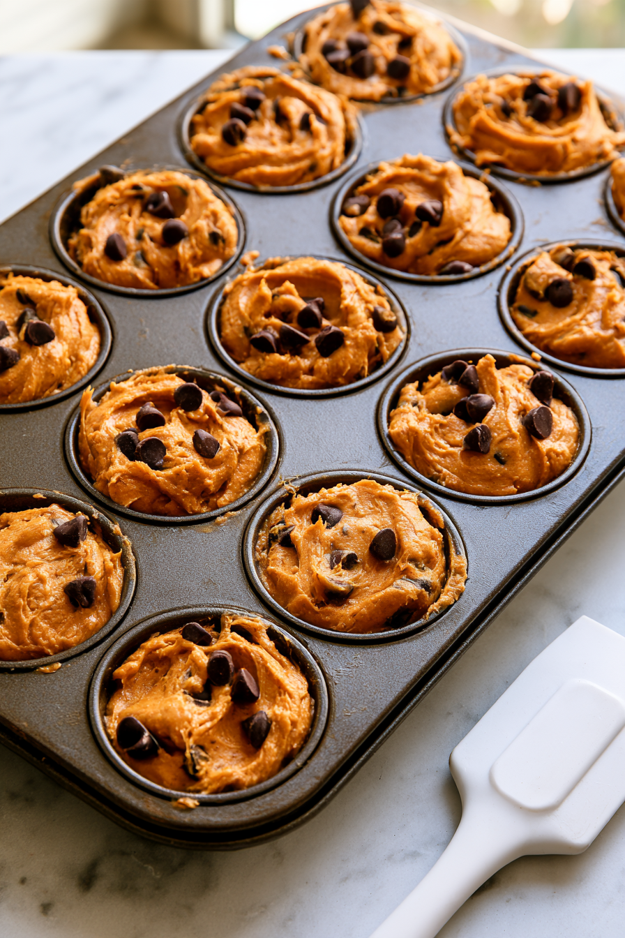 Spoon the batter into the prepared muffin pan, filling each cup almost to the top