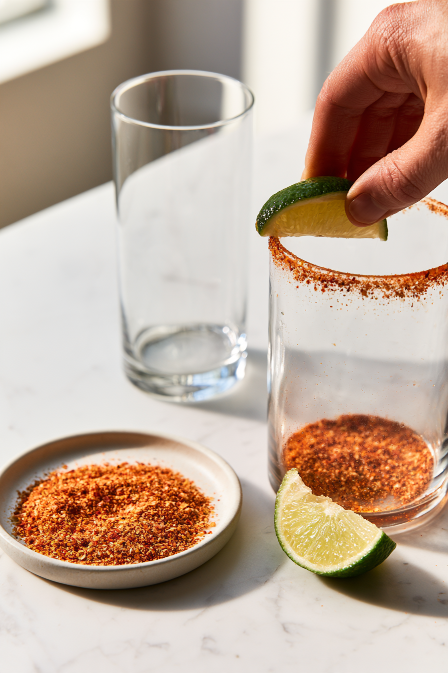 Spread the chile-lime seasoning on a small plate. Run a lime wedge around the rim of a highball glass