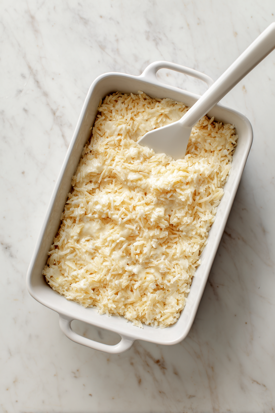 Pour the mixture into the prepared baking dish and spread it evenly. Cover tightly with aluminum foil.