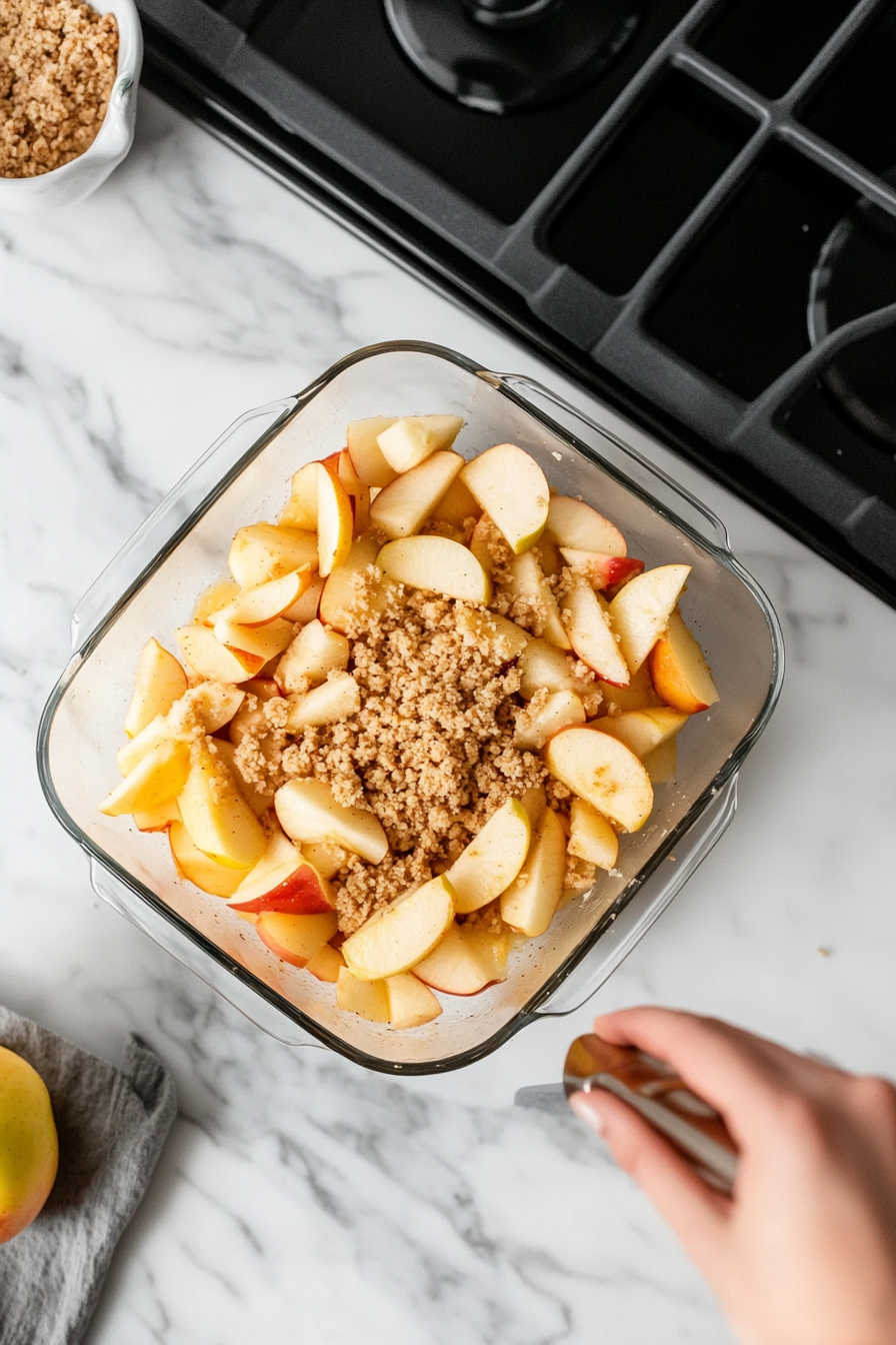 This image shows the oat crumble topping being sprinkled generously over the arranged apple slices in the baking dish, ensuring a thick, even layer for a crunchy top.