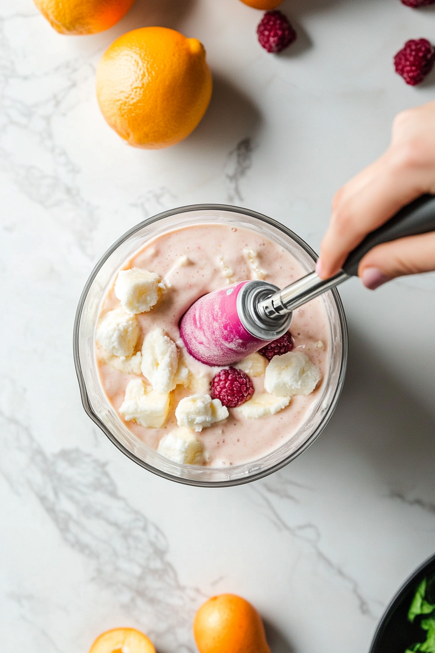 This image shows the use of a tamper to press down frozen fruits like mango and kiwi, ensuring they blend evenly and smoothly for the perfect smoothie consistency.