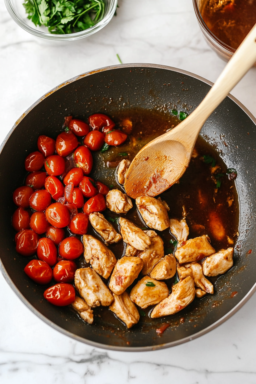 This image shows fresh cherry tomatoes being washed and sliced in half, ready to be added to the chicken for a burst of color and tangy flavor.