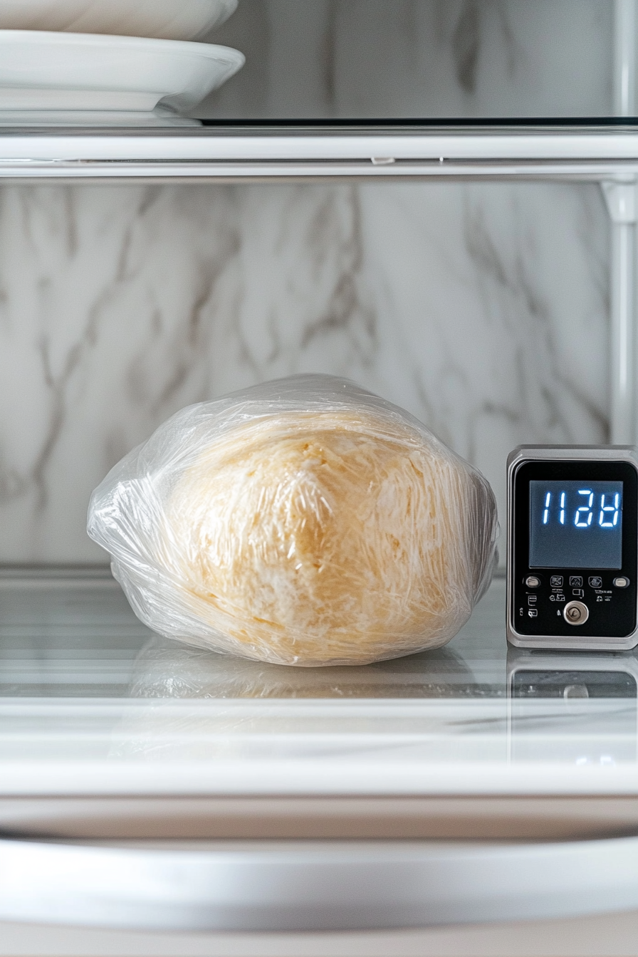 This image shows the freshly shaped cheese ball wrapped tightly in plastic wrap, being placed in the refrigerator to chill and firm up.