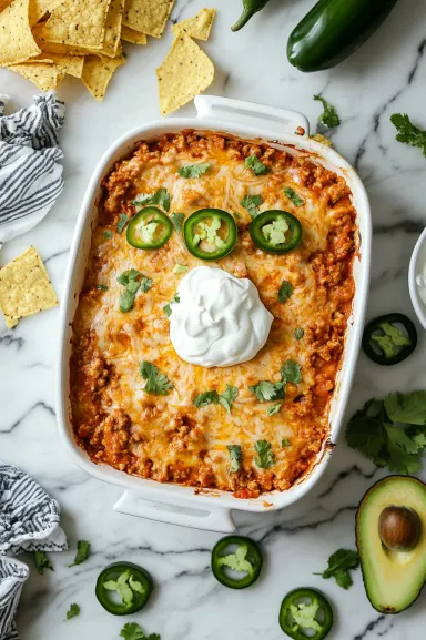 The finished casserole is on a serving platter, topped with dollops of sour cream, fresh avocado slices, jalapeño slices, and crumbled tortilla chips. The scene showcases the inviting presentation, ready to be served and enjoyed.