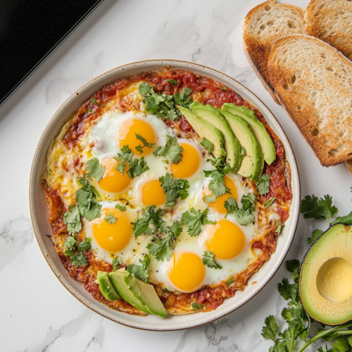 A beautifully presented shakshuka dish with poached eggs served in a skillet with toasted bread