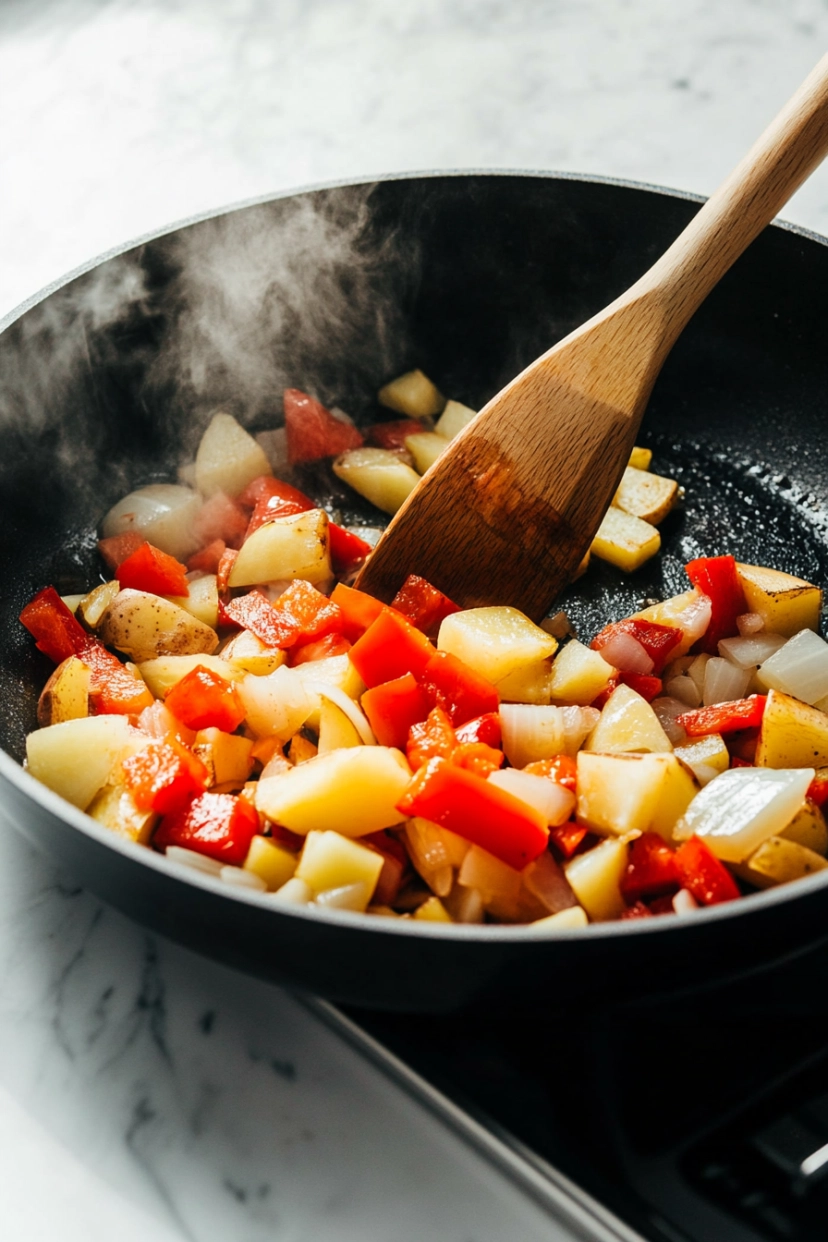 Add the diced onion, bell pepper, and potato.