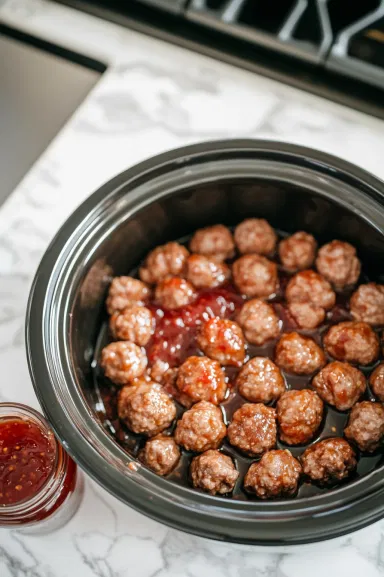 Top-down view over a white marble cooktop showing a black crockpot on the countertop. Frozen meatballs are being poured in, followed by sweet red chili sauce. A jar of grape jelly sits nearby, waiting to be added next.