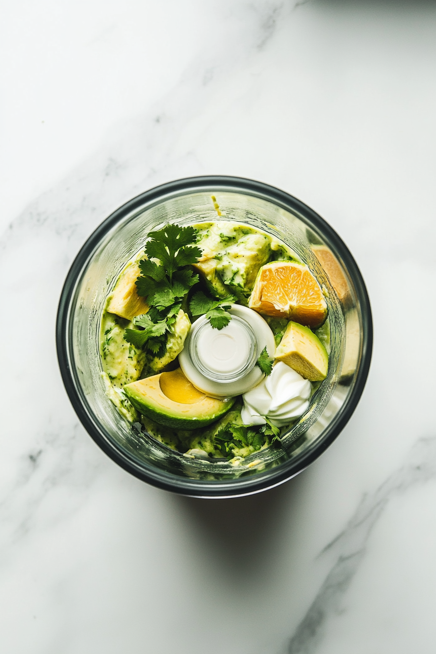 This image shows all the ingredients, including ripe avocados, garlic, lime juice, sour cream, and cilantro, being placed into a blender to make a smooth and creamy avocado crema.