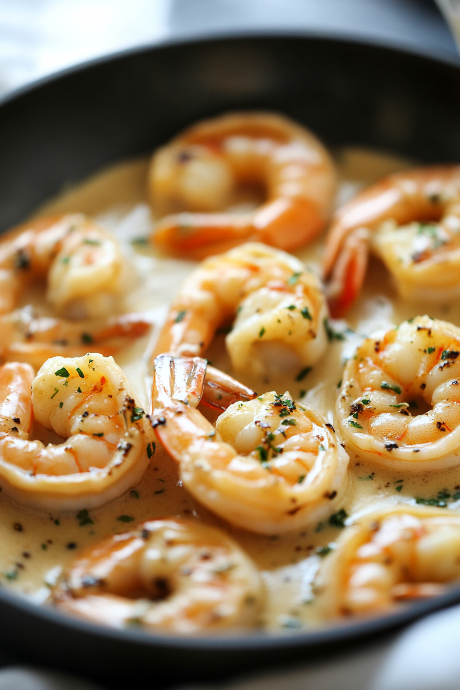 This image shows sautéed prawns being added back into the creamy garlic sauce, gently stirred to ensure they are evenly coated and absorb the rich flavors of the sauce.