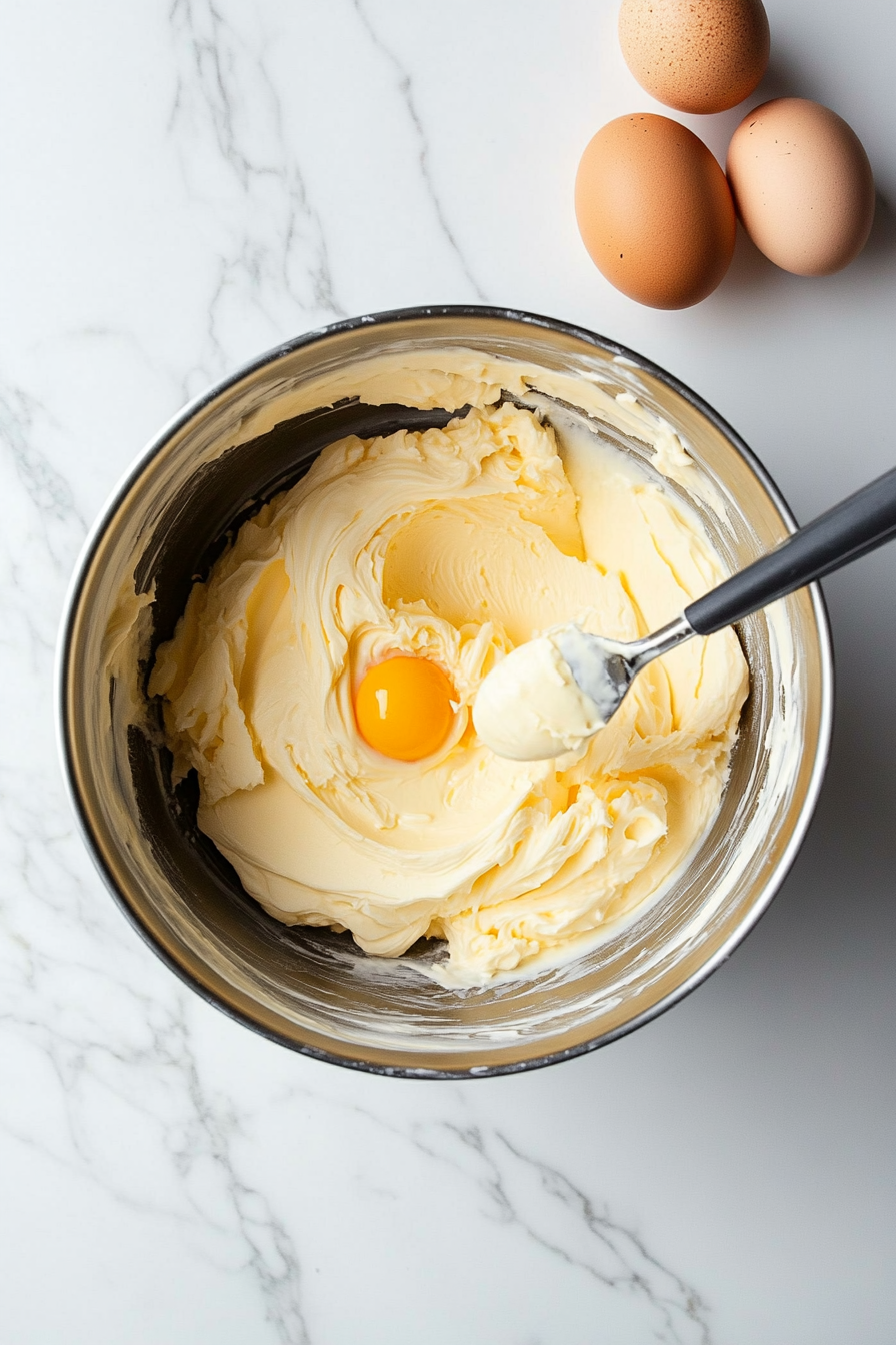 This image shows eggs being added to the creamed butter and sugar mixture one by one, each egg being mixed in thoroughly to create a smooth and velvety batter for the pound cake.