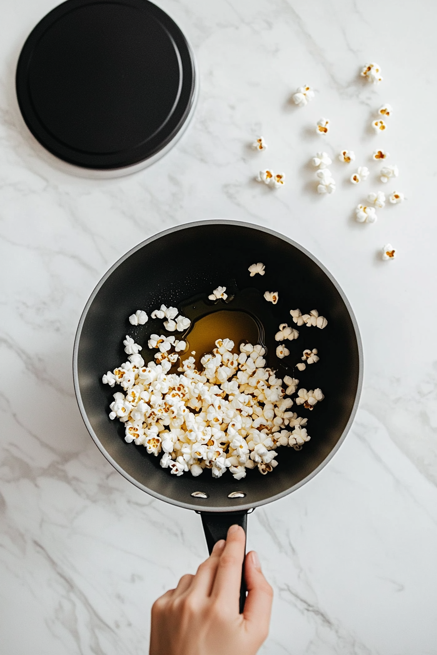 This image shows popcorn kernels being added to hot oil in a large saucepan, ready to be popped into fluffy popcorn.