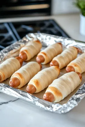 Each hot dog on the white marble cooktop is carefully wrapped with a crescent roll triangle, starting from the widest end and rolling snugly to the pointed end. All hot dogs are wrapped, forming neat rolls.