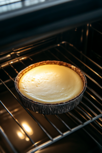 This image shows the cheesecake baking in the oven, followed by a gradual cooling process inside the oven with the door closed to prevent cracks and ensure a smooth top.