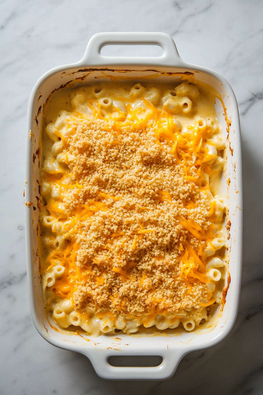 This image shows a baking dish filled with macaroni and cheese, topped with shredded cheddar cheese and breadcrumbs. The dish is in the oven, baking until the top is golden brown and crispy.