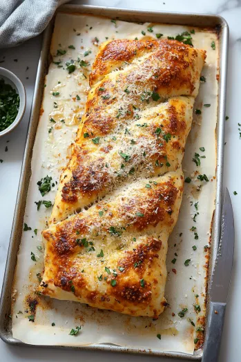 A baked stromboli resting on a baking sheet, golden brown with Parmesan cheese and Italian seasoning sprinkled on top. A knife is nearby, ready for slicing the stromboli into pieces, with extra pizza sauce and chopped parsley for garnish.