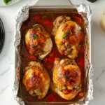 Stuffed chicken breasts in a baking dish, covered with aluminum foil, with a timer showing 20 minutes of initial baking time. The image anticipates the delicious final meal, followed by another image of the baked chicken resting on a plate, optionally garnished with gravy.