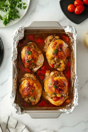 Stuffed chicken breasts in a baking dish, covered with aluminum foil, with a timer showing 20 minutes of initial baking time. The image anticipates the delicious final meal, followed by another image of the baked chicken resting on a plate, optionally garnished with gravy.