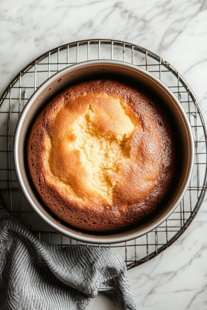 This image shows the pound cake baking in the oven until golden brown and then cooling on a wire rack after being carefully removed from the pan to achieve a perfect texture.