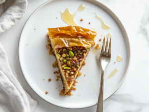 This image shows the finished baklava cheesecake with a golden phyllo crust, creamy cheesecake center, and a drizzle of honey syrup, garnished with finely chopped nuts on top for a decadent presentation.