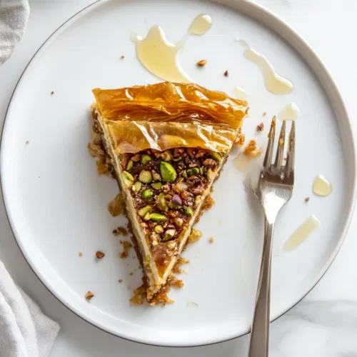 This image shows the finished baklava cheesecake with a golden phyllo crust, creamy cheesecake center, and a drizzle of honey syrup, garnished with finely chopped nuts on top for a decadent presentation.