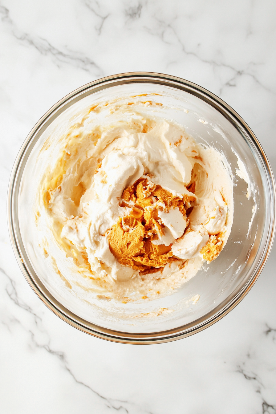 This image shows cream cheese and sweet potato puree being mixed together in a bowl, along with sugar and other ingredients, to create a smooth cheesecake filling.