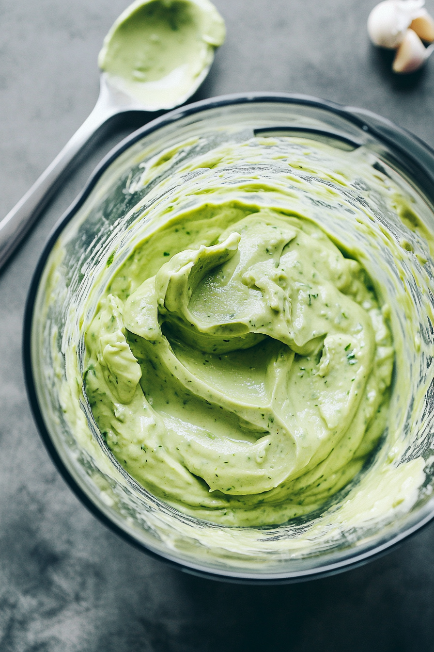 This image shows the blender in action, blending together the avocados, garlic, sour cream, lime juice, and cilantro to create a smooth and flavorful avocado crema.