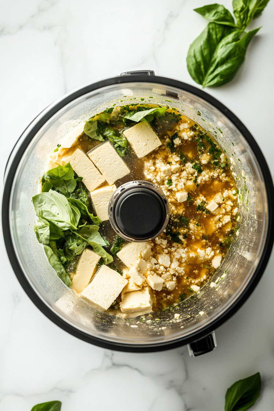 This image shows crumbled firm tofu being blended with the cooled flavorful broth in a food processor, creating a smooth and creamy base for the vegan hot dog dough.