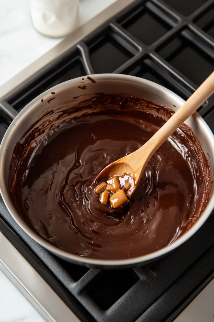 This image shows that marshmallows are being stirred into the chocolate mix, and crispy rice cereal is being folded in until everything is evenly coated.