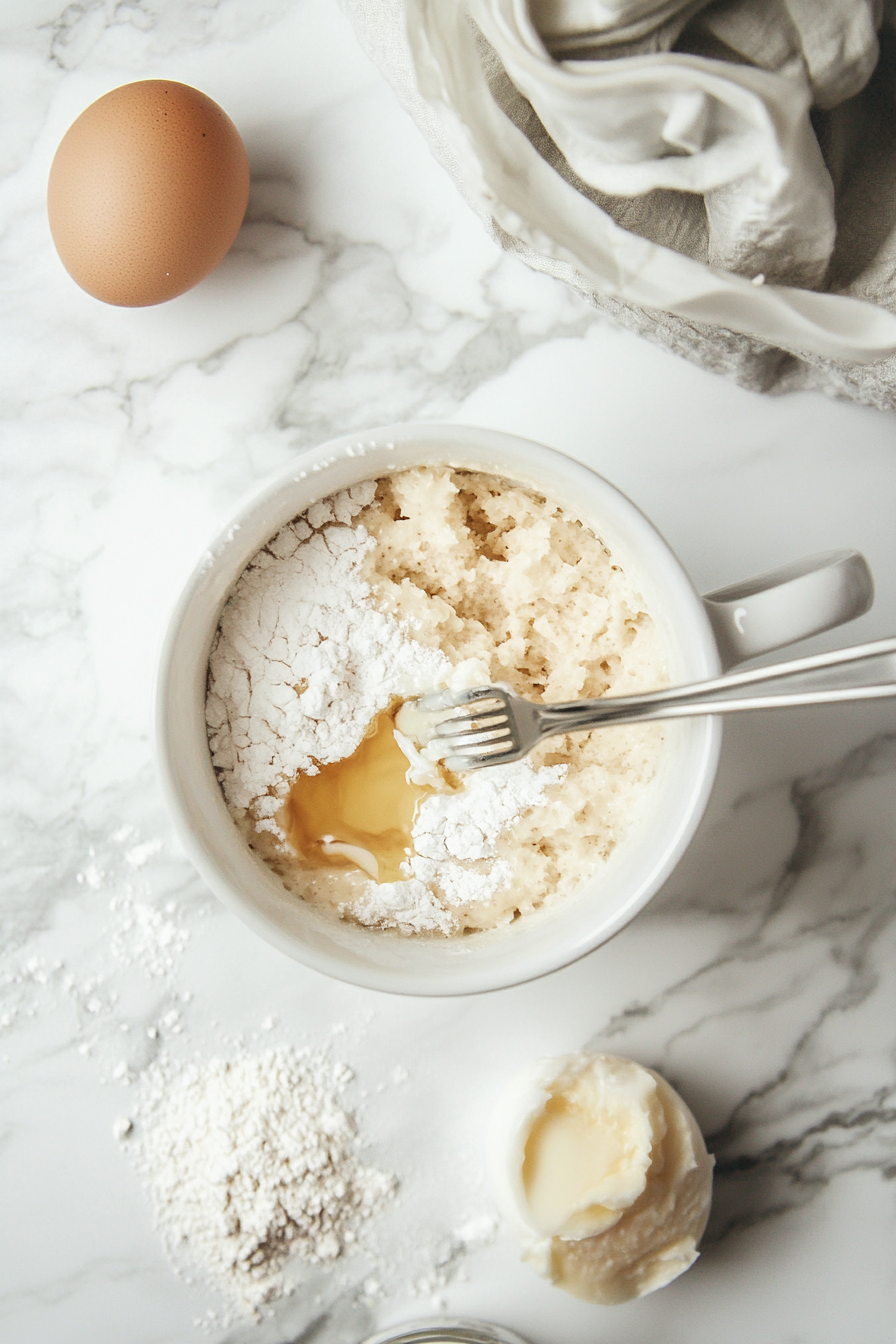 This image shows the dry ingredient mixture in a bowl with mashed banana, melted butter, milk, beaten egg, and vanilla being incorporated together until the batter is smooth for the banana mug cake.